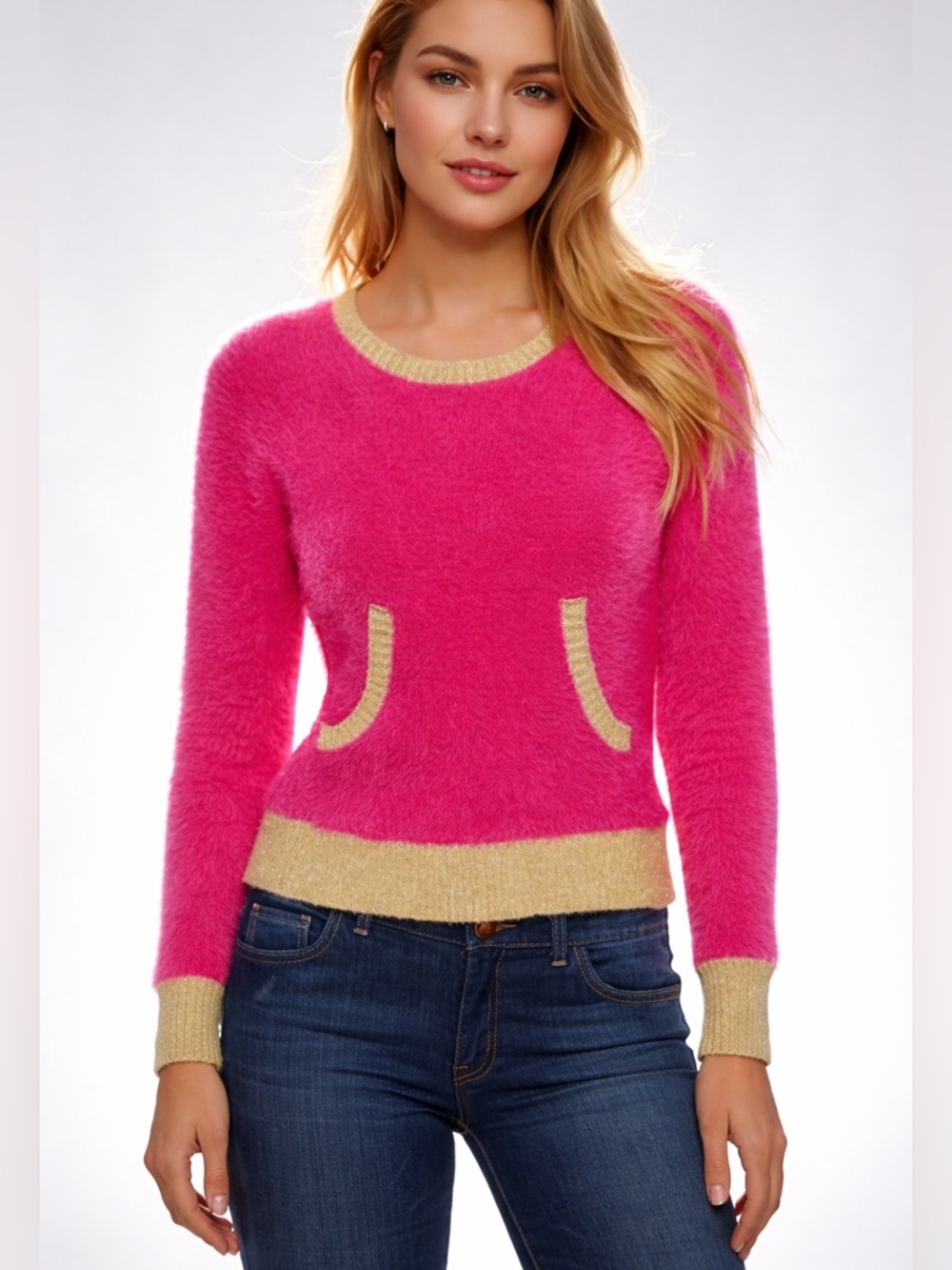 Juicy Couture Pink Gold Trim Sweater Pullover Pocket Sz M NWT
